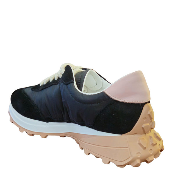 Jogger sneaker back view, black suede-look upper, cream laces, chunky blue-tan sole