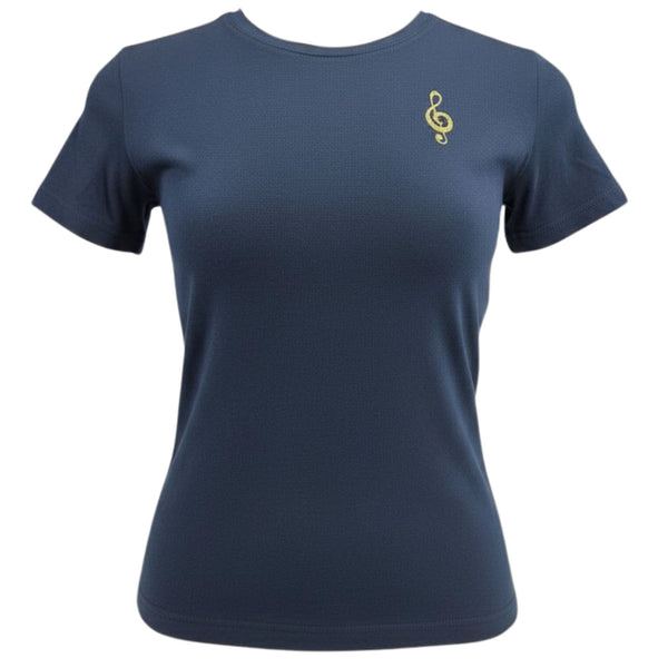 Navy short-sleeve T-shirt with small gold treble clef on chest