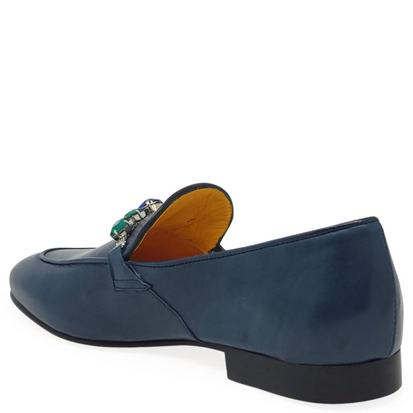 Blue leather flat loafer side view with jeweled strap detail and low heel