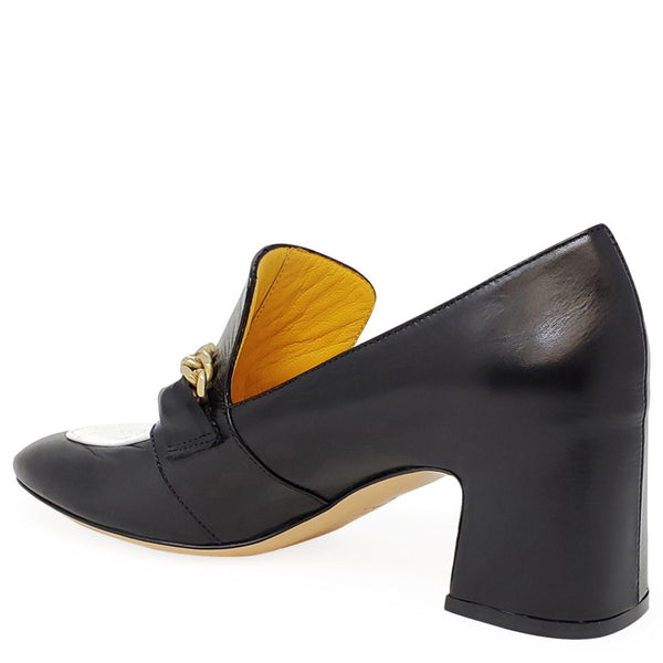 Black leather mid-heel loafer with gold chain trim and visible yellow interior lining