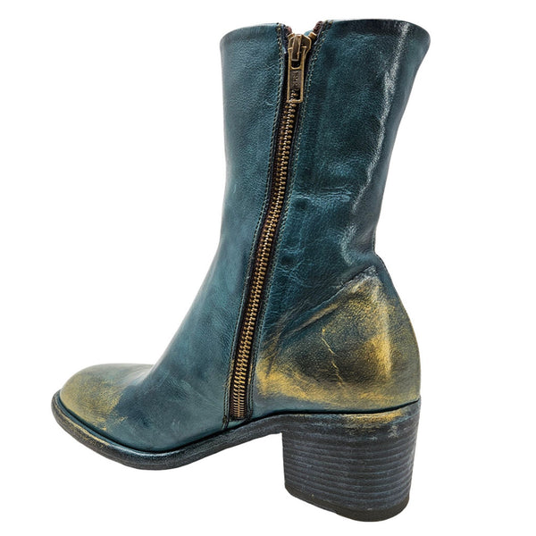 Teal ankle boot with front side zipper, distressed patina, and mid block heel
