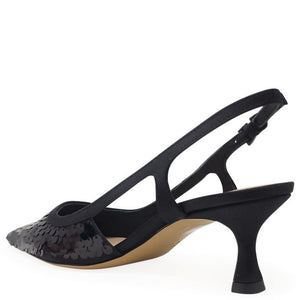 Black sequined pointed slingback heel with ankle strap and slim mid heel