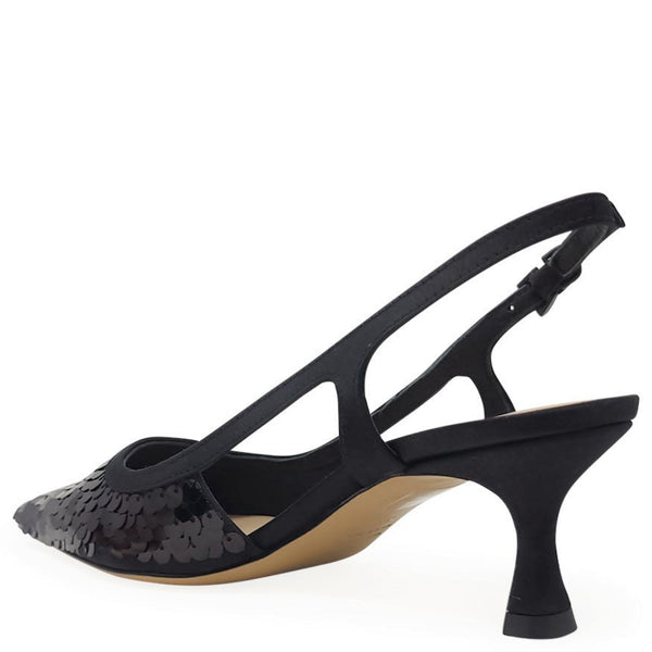 Black sequined pointed slingback heel with ankle strap and slim mid heel