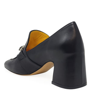 Black leather mid-heel loafer with open collar and visible yellow lining