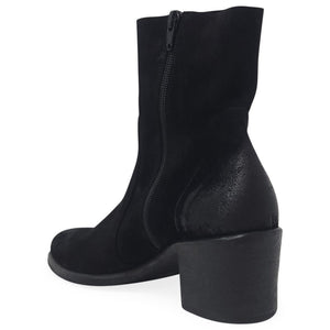 Black suede ankle boot with front zipper and chunky block heel