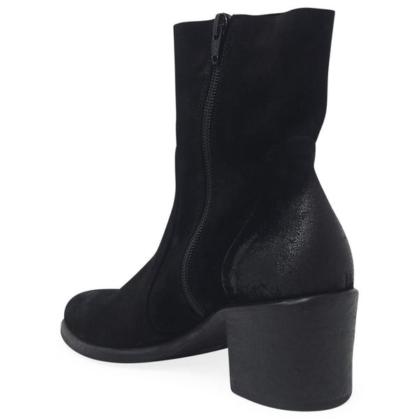 Black suede ankle boot with front zipper and chunky block heel