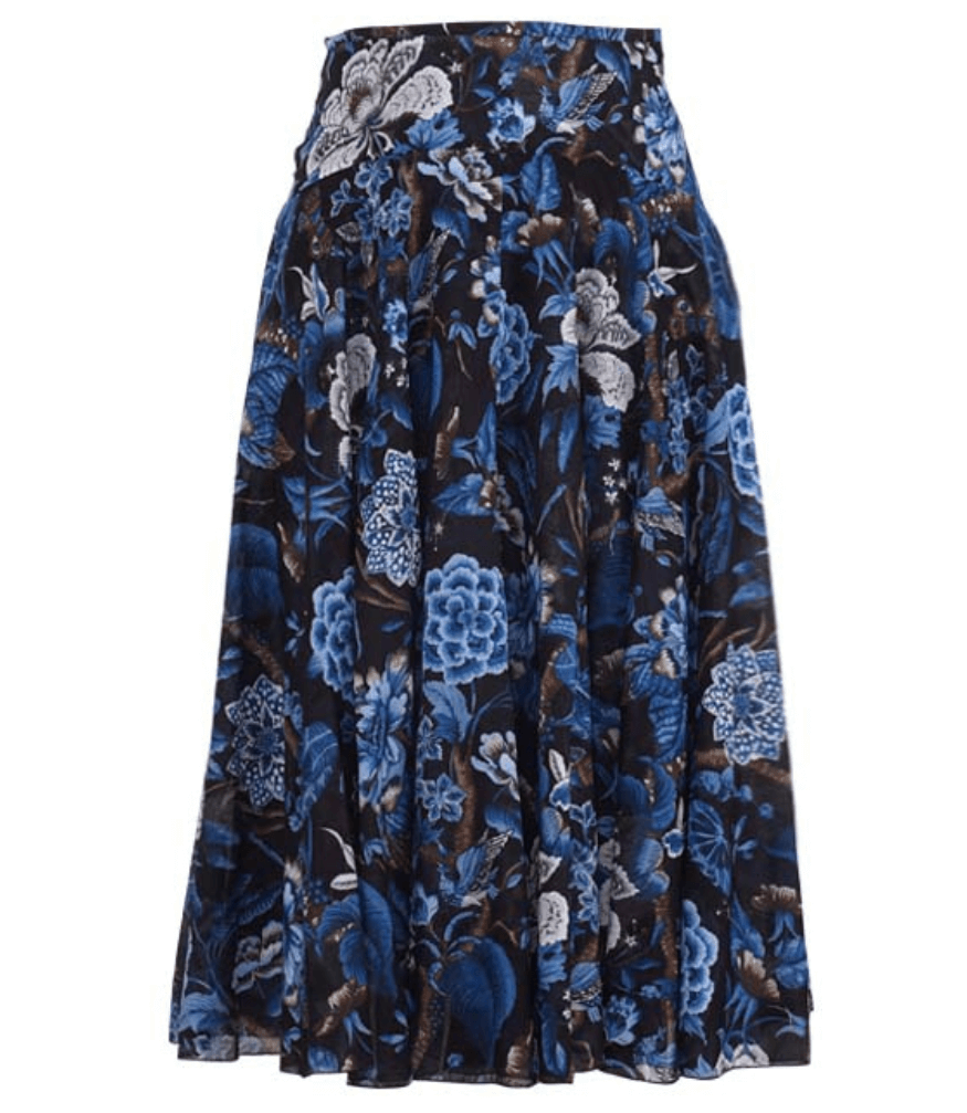 Floral black-and-blue midi skirt with gathered yoke