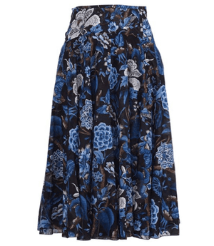 Floral black-and-blue midi skirt with gathered yoke