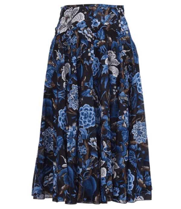 Floral black-and-blue midi skirt with gathered yoke