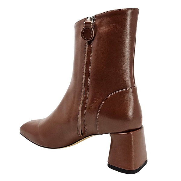 Brown leather ankle boot with side zipper, rounded toe, and block heel.