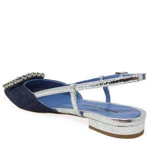 Denim sling-back flats with silver cross strap and low metallic heel, pointed toe