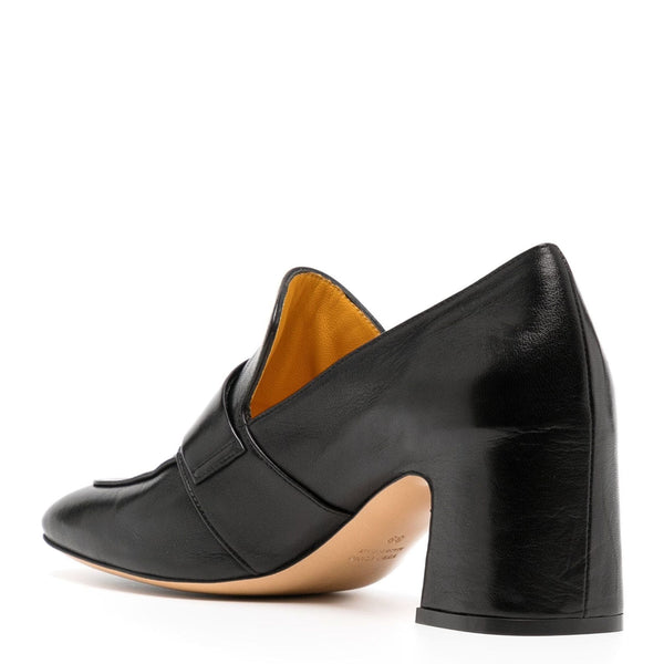Black leather loafer with low block heel and slip-on back profile