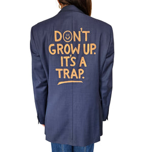Dark blue blazer with large back graphic print, notched lapels, long sleeves