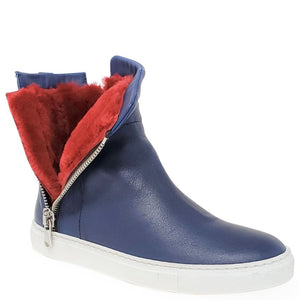 Navy leather ankle boot with red shearling collar and side double zippers