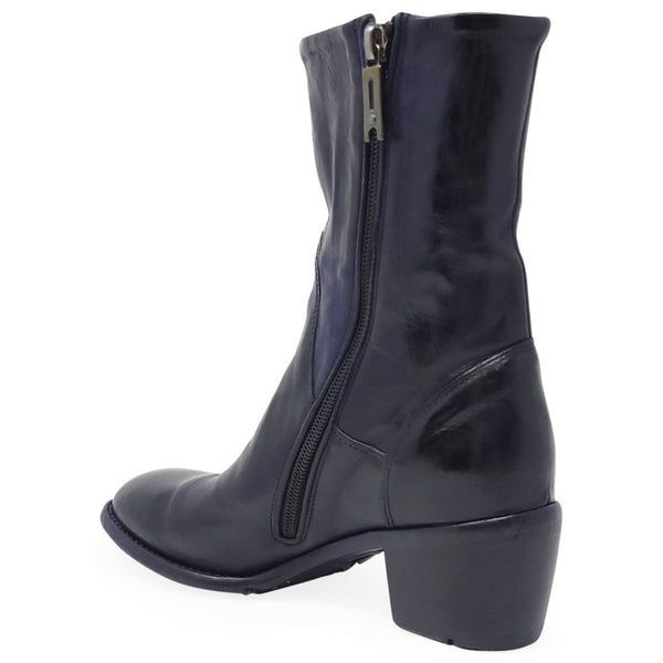 Navy leather mid-calf boot, side zipper closure, rounded toe, block heel