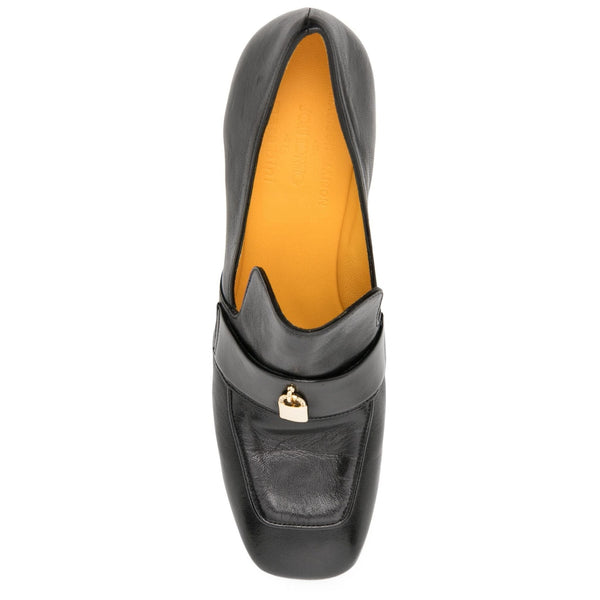 Black leather loafer with gold-tone lock charm on strap detail, slip-on