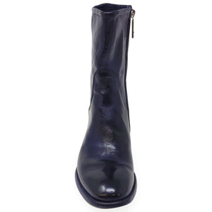 Navy leather mid-calf boot with side zip and sleek rounded toe