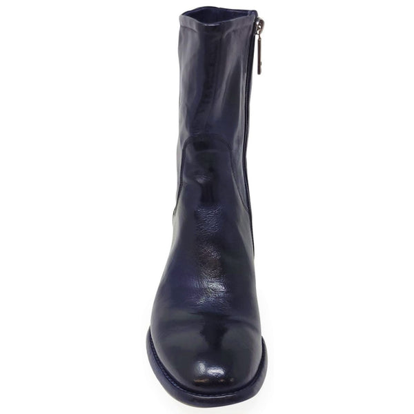 Navy leather mid-calf boot with side zip and sleek rounded toe