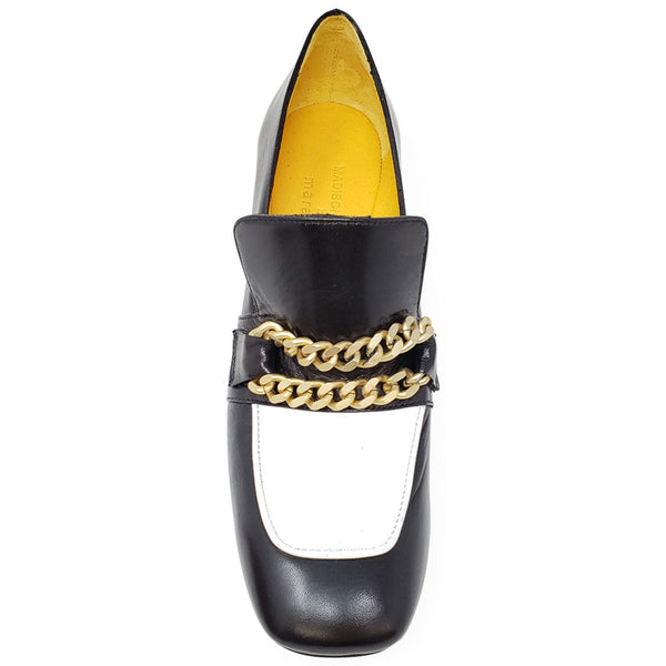 Black and white leather mid-heel loafer with gold chain across the front panel