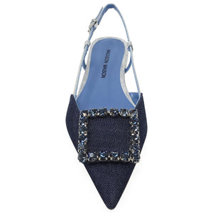 Denim sling-back flat with silver sling strap, jeweled square top, pointed toe, low heel