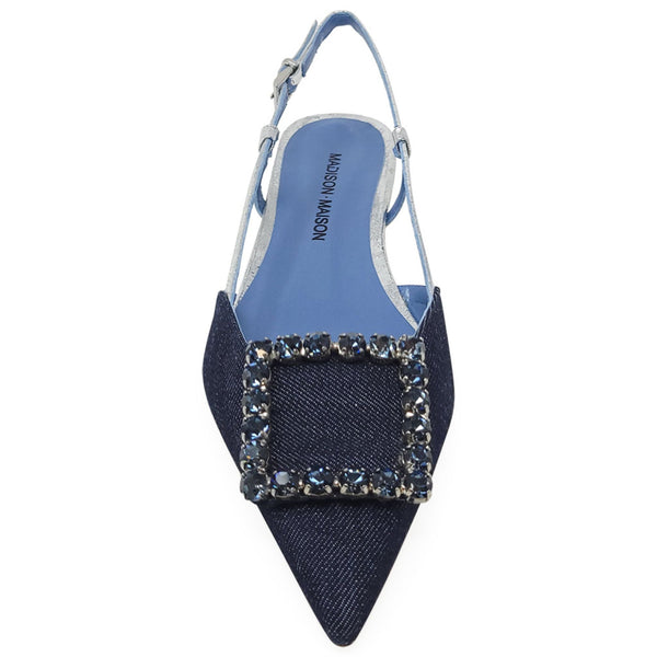 Denim sling-back flat with silver sling strap, jeweled square top, pointed toe, low heel