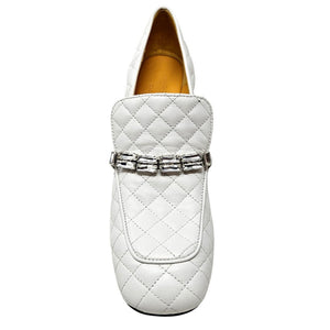 White quilted leather loafer front view with rhinestone buckle accent and stitching