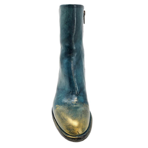 Teal ankle boot with distressed toe and short block heel
