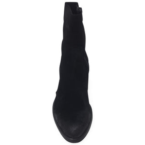 Black suede ankle boot, heel view with rounded toe
