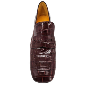 Chocolate croc-embossed leather loafer with moc strap and stitched vamp, front view