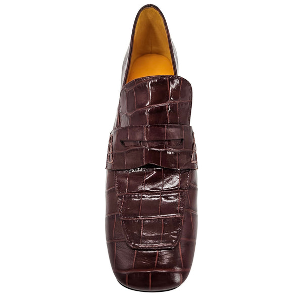 Chocolate croc-embossed leather loafer with moc strap and stitched vamp, front view