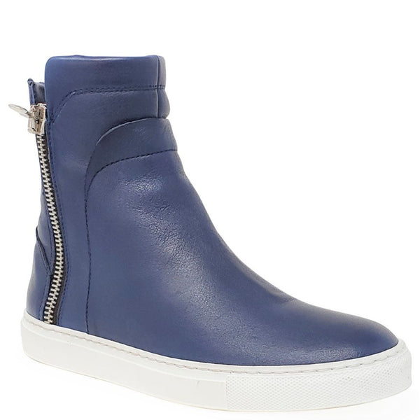Navy leather ankle boot with double side zippers and textured white sole