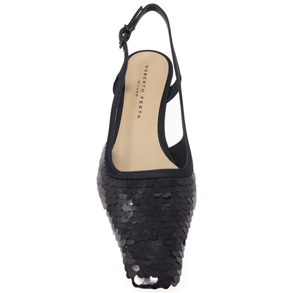 Black sequined slingback heel with pointed toe and adjustable ankle strap