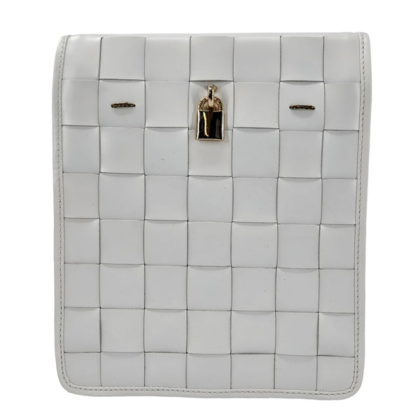 White woven leather crossbody bag front flap with woven grid pattern and gold lock clasp