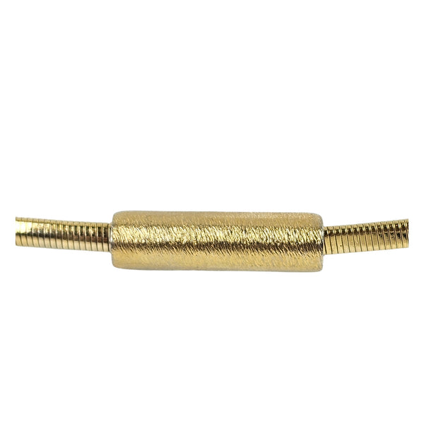 Goldtone textured bar buckle belt, ribbed extender ends and stretch cord