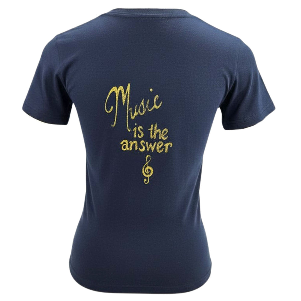 Navy short-sleeve T-shirt with small gold treble clef on chest