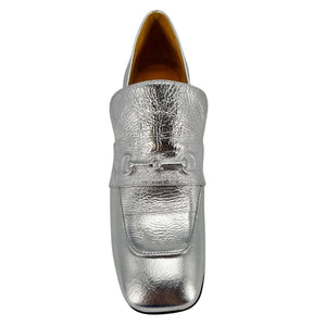 Silver leather loafer with metal bit detail and slip-on moc construction