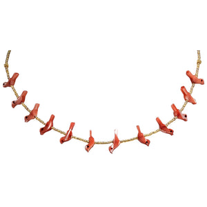 Red bird charm necklace, gold-tone links with repeating red bird figures