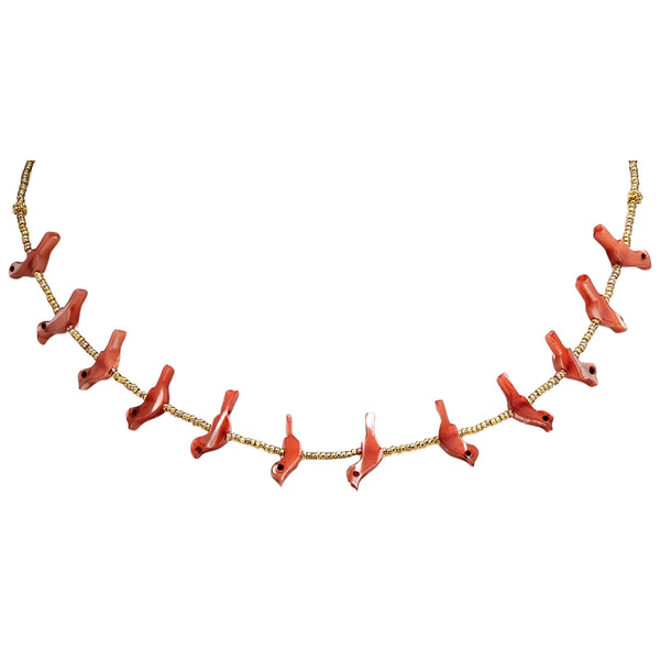 Red bird charm necklace, gold-tone links with repeating red bird figures