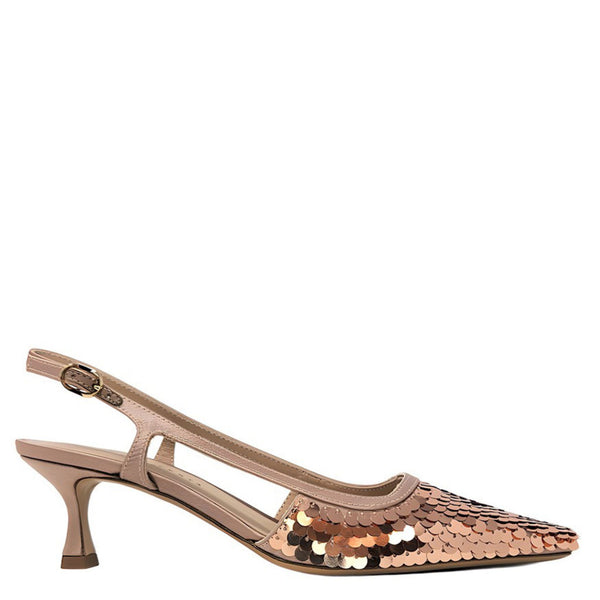 Gold sequined snip-toe slingback heel with slim ankle strap and block heel