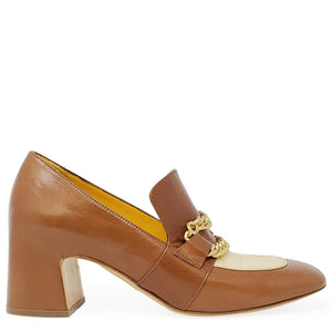 Tan and cream leather mid-heel loafer with gold-tone chain detail