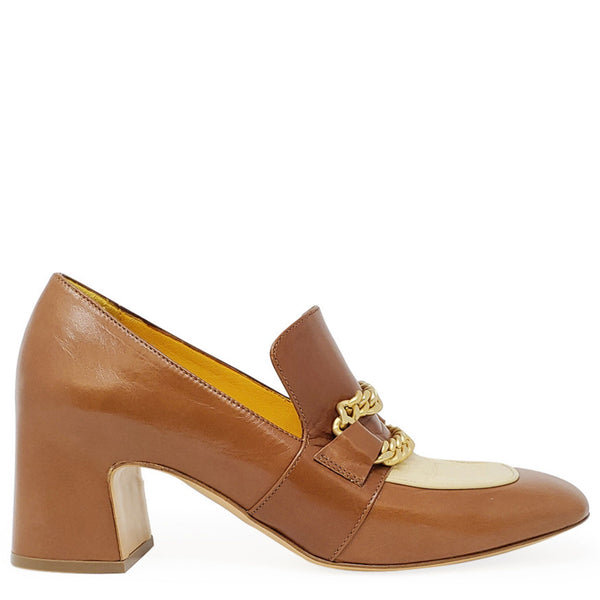 Tan and cream leather mid-heel loafer with gold-tone chain detail