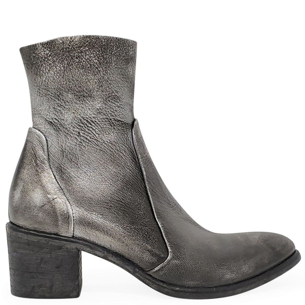 Silver leather ankle boot with stacked block heel and pull-on collar seam