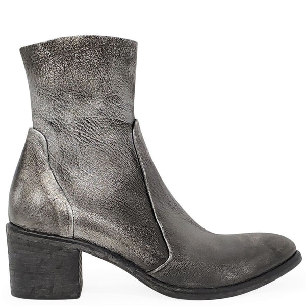 Silver leather ankle boot with stacked block heel and pull-on collar seam