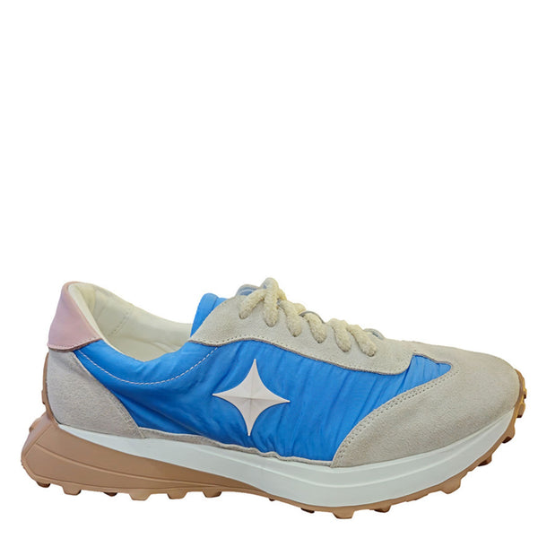 Light blue lace-up sneaker with white trim, star logo on side, rubber sole