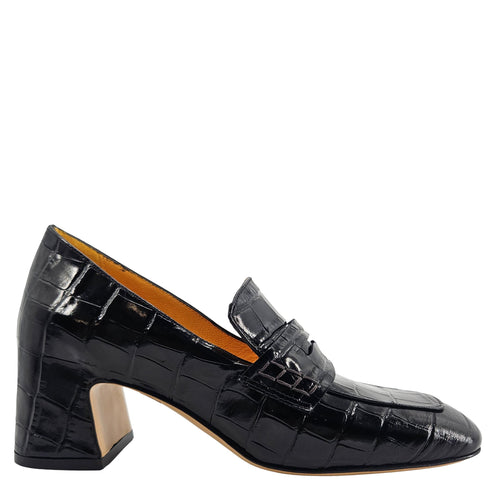 Croc-embossed leather loafer with mid block heel and slip-on moc toe