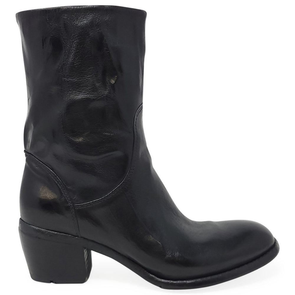 Black leather mid-calf boot with low block heel and side zipper, polished finish