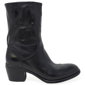 Black leather mid-calf boot with low block heel and side zipper, polished finish