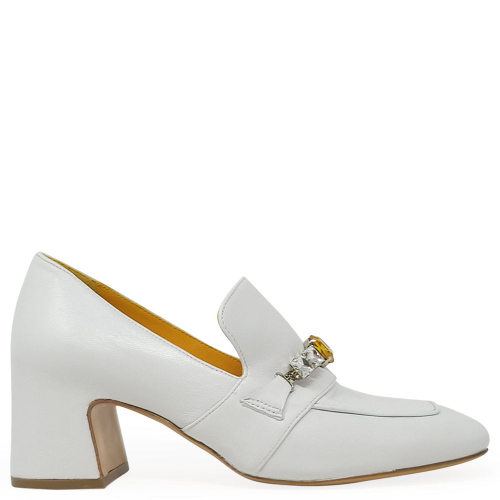 White leather mid-heel loafer with jeweled strap detail and almond toe