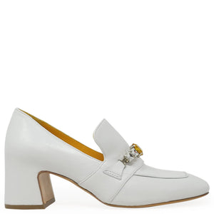 White leather mid-heel loafer with jeweled strap detail and almond toe