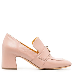 Light pink leather heeled loafer with square toe, slip-on strap and block heel